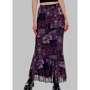 NWT Social Collision Skull Paisley Patchwork Maxi Skirt Halloween LARGE